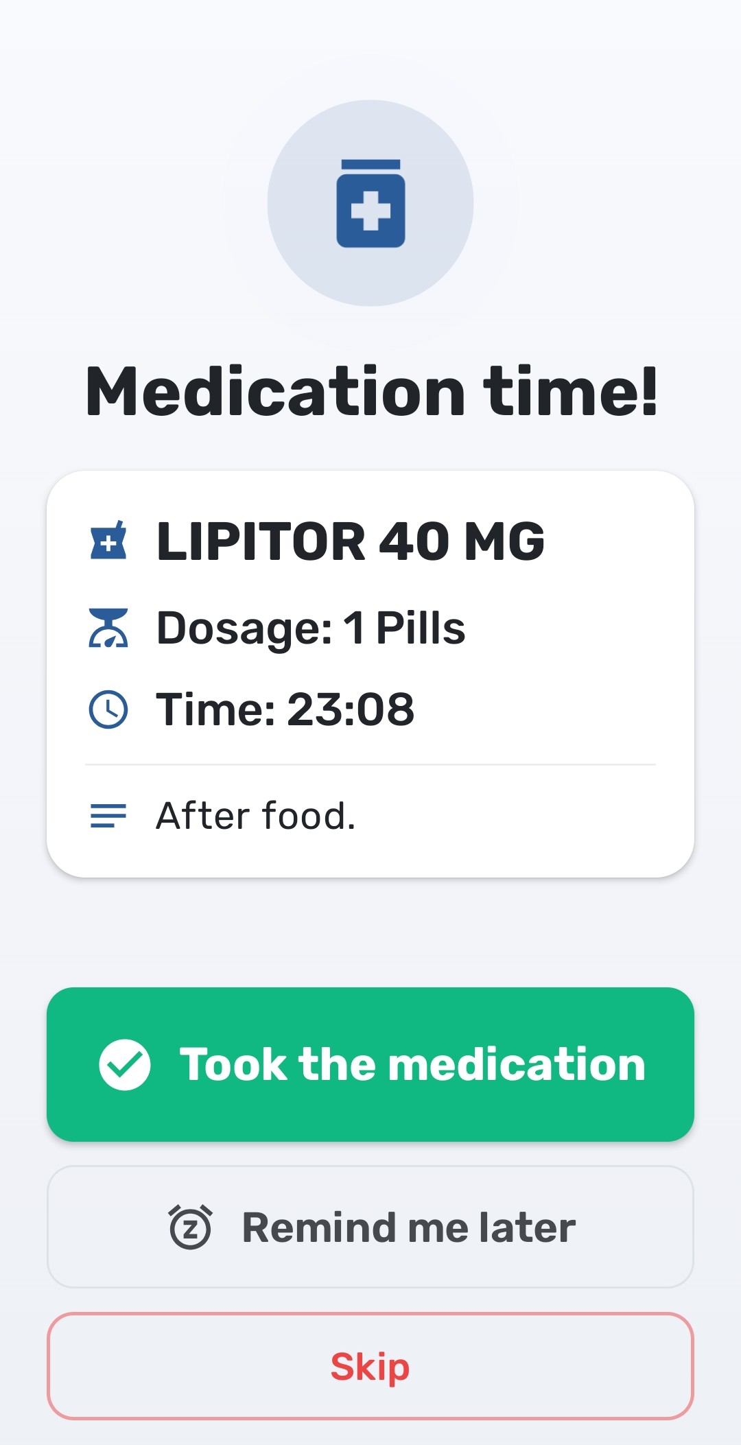 Single medication reminder screen