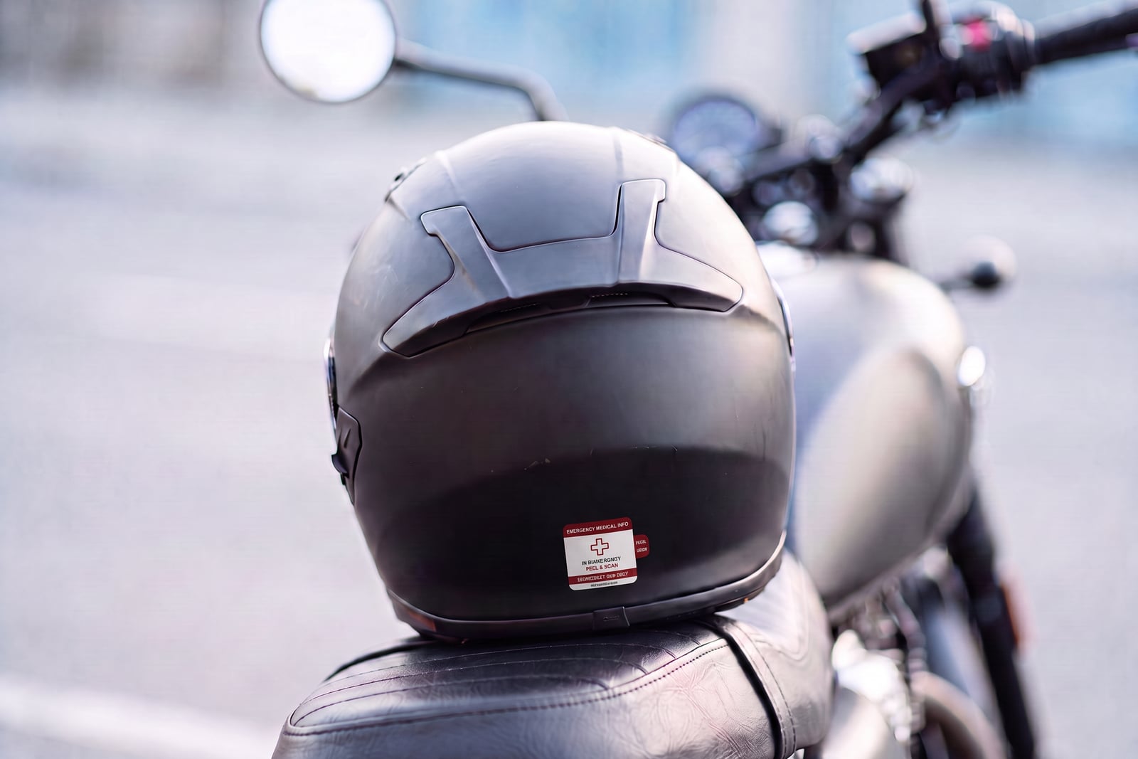 Helmet with a Vera emergency medical sticker on a motorcycle