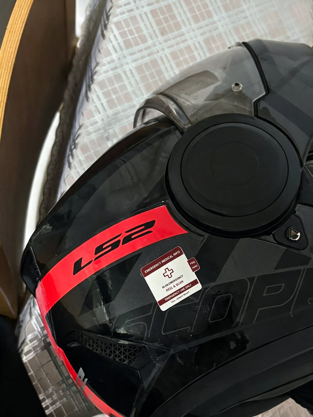 LS2 helmet with a Vera emergency medical sticker