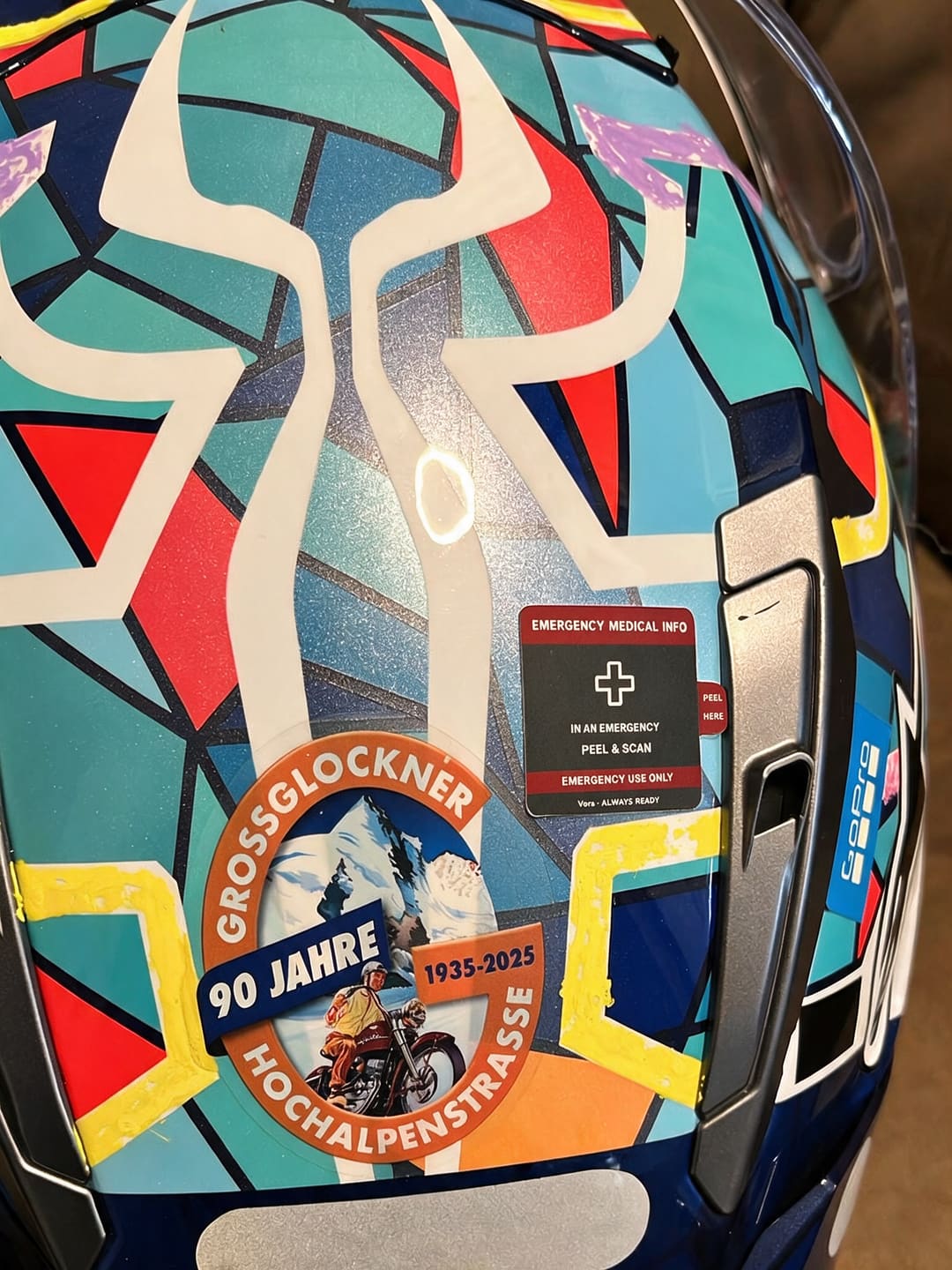 Shoei helmet with a Vera emergency medical sticker